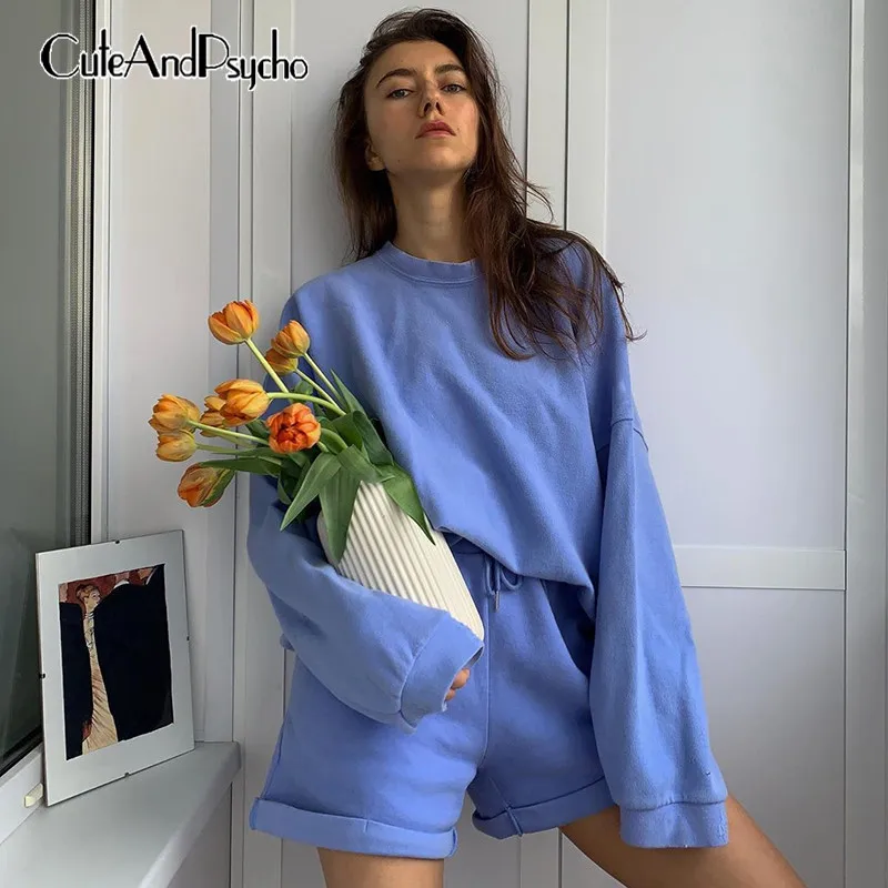Casual Women Tracksuit Two Piece Set Oversize Sweatshirts and Shorts Sportswear Outfit Solid y2k Set Summer Autumn Cuteandpsycho Casual Women Tracksuit Two Piece Set Oversize Sweatshirts and Shorts Sportswear Outfit Solid y2k Set Summer Autumn Cuteandpsycho