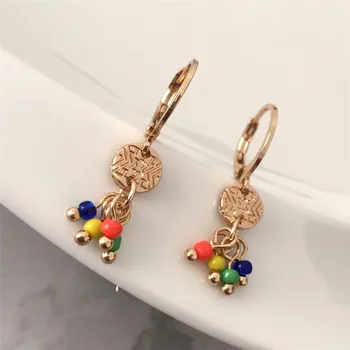 

2019 New Fashion Tiny Cute Drop Earrings 13mm Hoop with 7mm Textured Disk and Colorful Beads Dangle Earrings for Lady Best Gift