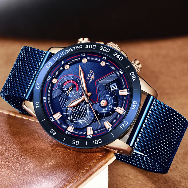 Lige Fashion New Mens Watches Brand Luxury Wristwatch Quartz Clock Blue Watch Men Waterproof Sport-3