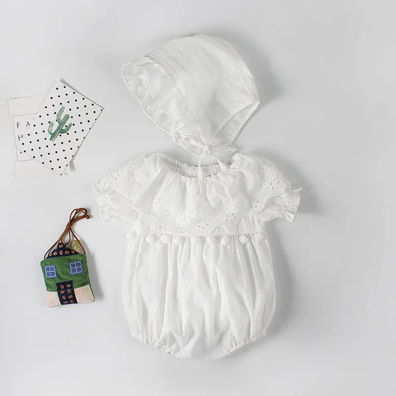 

Baby Clothes Girl Baby Bodysuit Clothes For Female Newborns Summer Lace White Infant Bodysuit for Girls Hat+Bodysuit 2pcs/set