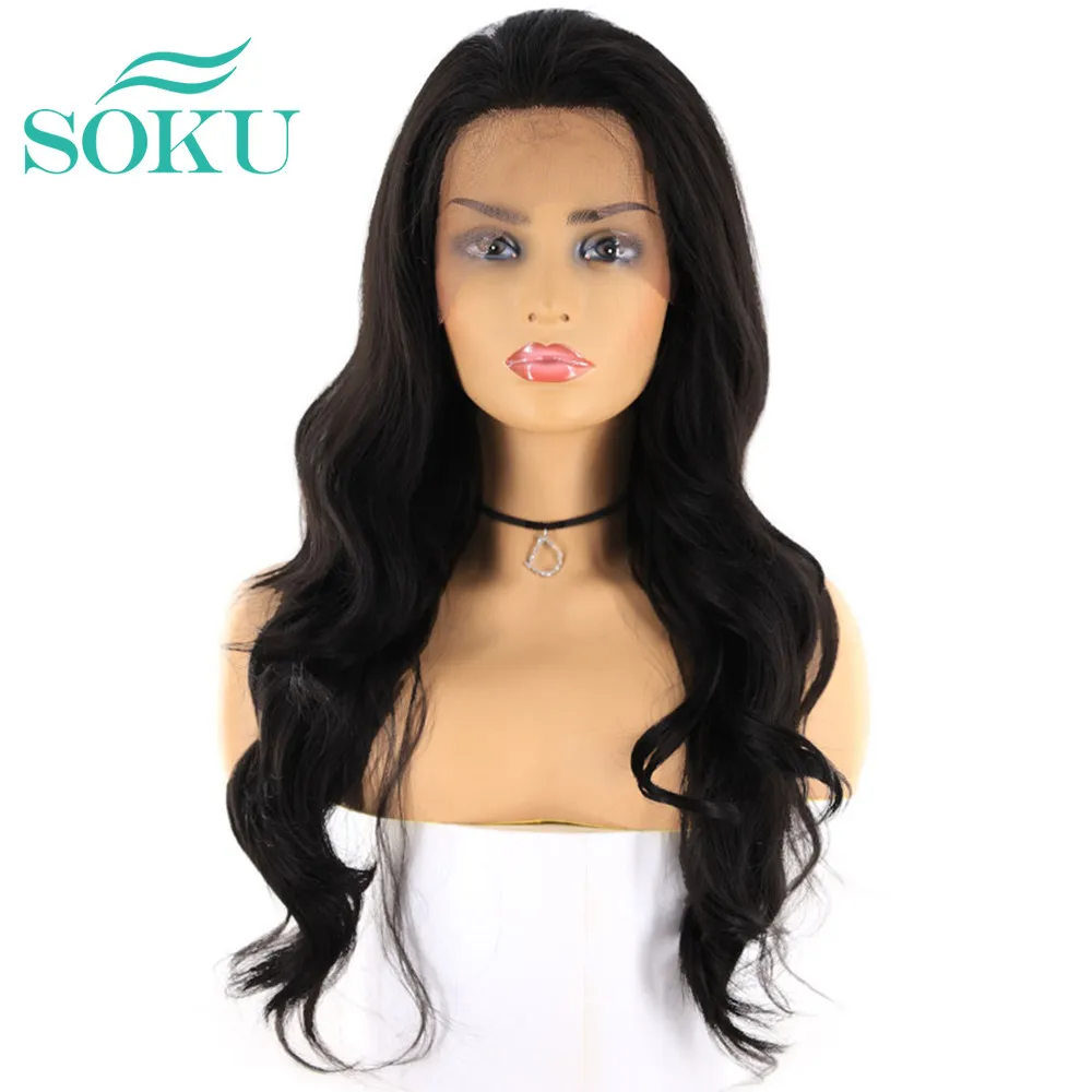 SOKU Synthetic Lace Front Wigs Black Color Long Wavy 13x4 Ear To With Baby Hair High Temperature Fiber Wig For Women | Шиньоны и парики