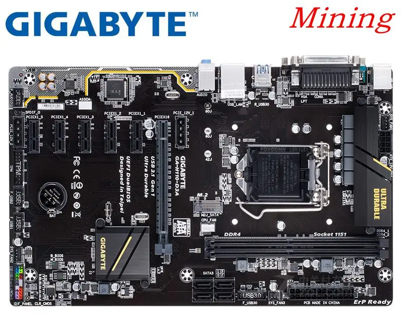 used Mining Desktop Motherboard 6GPU 6pcie Socket LGA 1151 DDR4 For Gigabyte GA-H110-D3A Mainbaord USB3.1 H110-D3A | Компьютеры и офис