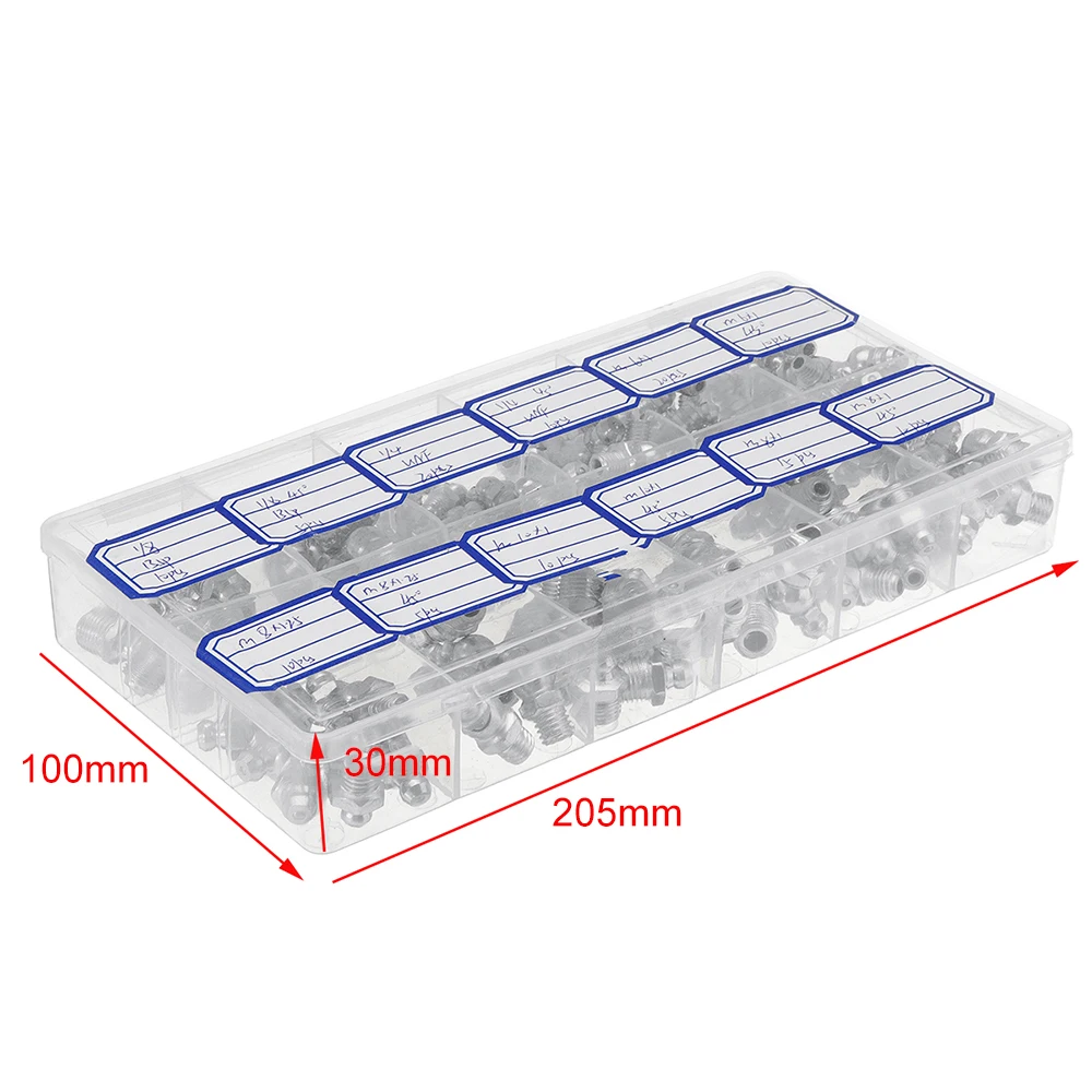130 шт. смазочный ниппель метрический M6/M8/M10 BSP ФООН 45 ° оцинкованый метал ассорти в коробке из смазочные ниппели