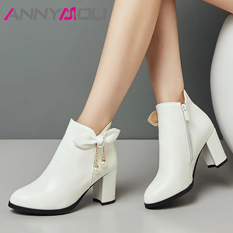 

ANNYMOLI Winter Ankle Boots Women Boots Bow Zipper Thick Heel Short Boots Pearl Super High Heel Shoes Lady Autumn Big Size 33-43