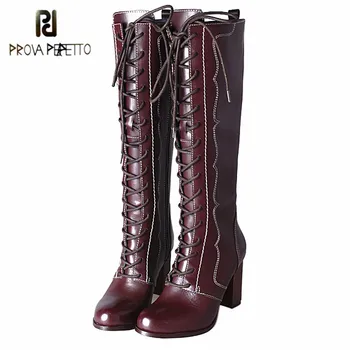 

Prova Perfetto Genuine Leather Women's Thigh High Boots Classics Cross-tied Solid Color Round Toe High Heels Warmest Lady Boots