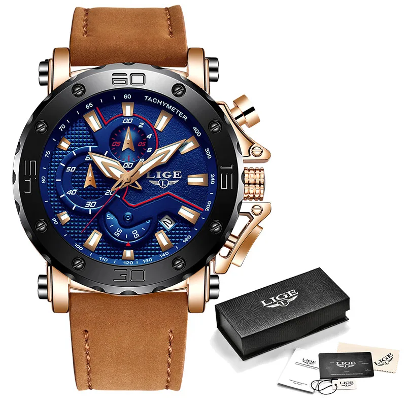 Rose gold blue LIGE новые мужские часы военные спортивные часы мужские топ брендовые роскошные кожаные хронограф водонепроницаемые кварцевые наручные часы Masculino - Цвет: Rose gold blue