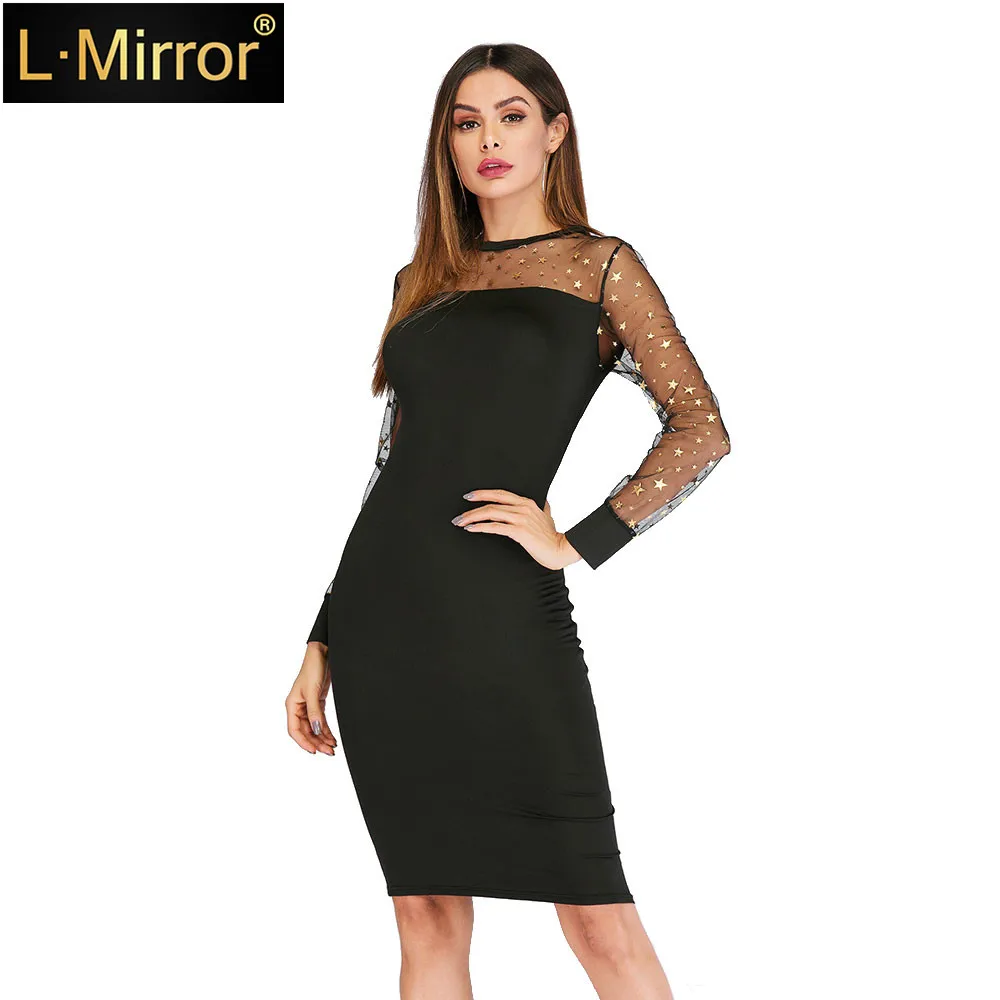 

L.Mirror 1Pcs Women Retro Round Neck Long Sleeve Slim Mesh Stitching Bag Hip Dress