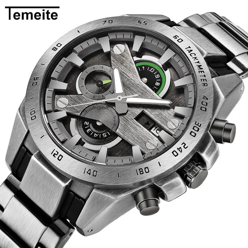 

TEMEITE Brand Fashion Men Watch Quart Multifunctional Chronograph Calendar Luminous Hand Waterproof Steel Gifts Watches for Mens