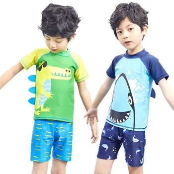 

2020 Korean New Kids Swimwear Split Style Boys Swimming Trunks Cartoon Shark Crocodile Baby Swimsuit Teens Spa Bathing Cap Set