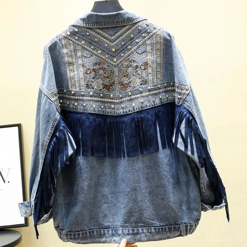 dark blue Ретро Тяжелая вышитая кисточка джинсовая куртка женская новая свободная bf Стиль Весна и осень джинсовая куртка - Цвет: dark blue