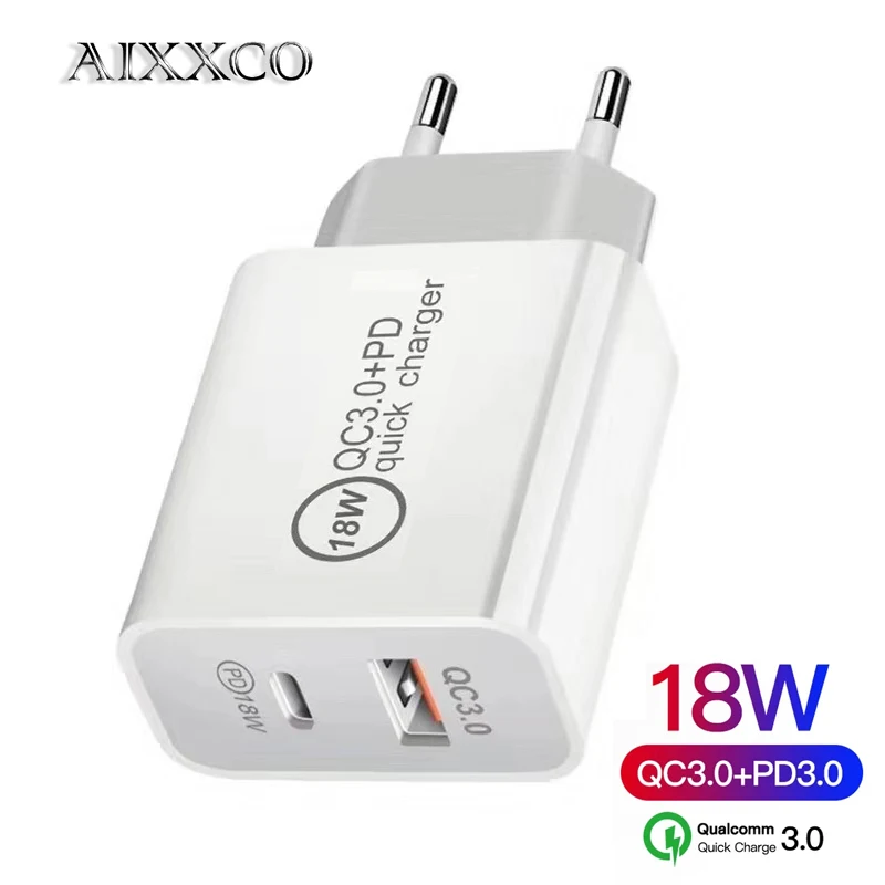 AIXXCO 18W Dual PD Charger Quick Charge QC 3.0 USB Charger For iPhone 11 Pro X Huawei P40 Samsung Xiaomi Travel Charger