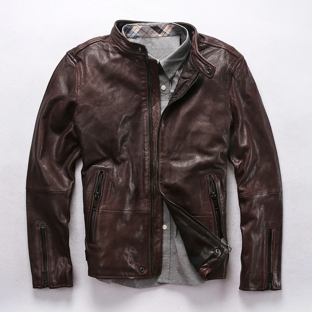 

Men's slim fit B2 genuine leather jacket plant tanning goat skin moto biker jacket men stand collar casual leather coat for male
