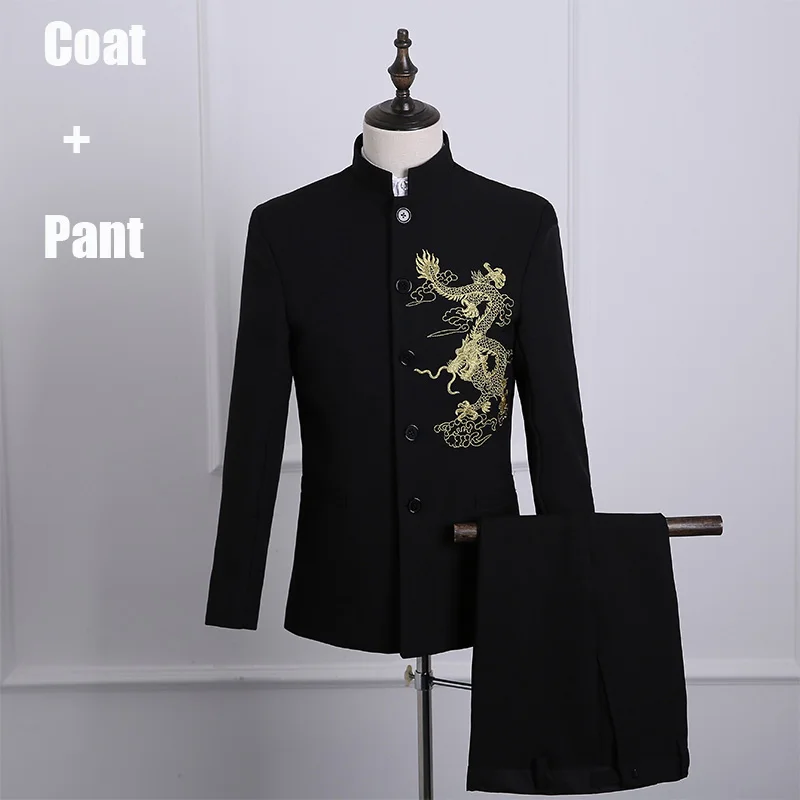 Black 2PCS Мужские певцы одежда китайская туника костюм плюс размер красный набор дракон вышитые костюмы, куртки, брюки мужские вокальное шоу одежда VDB864 - Цвет: Black 2PCS