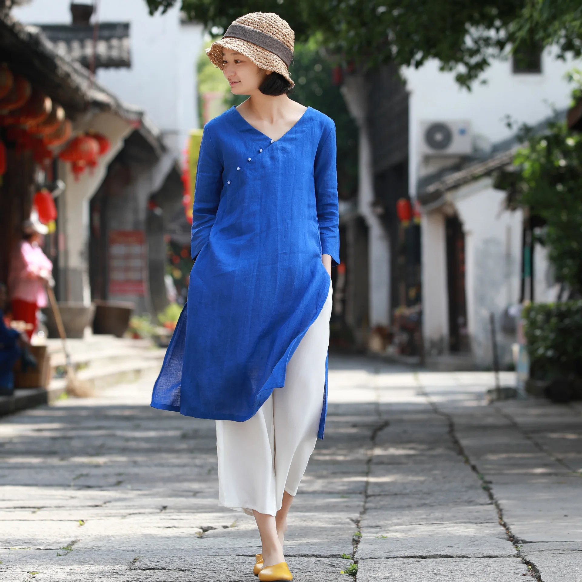 Y757 летнее улучшенное Xie Jin Cheongsam платье с высоким разрезом yu kou v-образным вырезом свободное и женское платье дзен большого размера