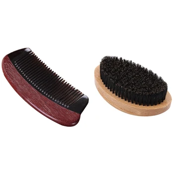 

1 Pcs Horn Wood Comb Handmade Natural Wooden Comb Anti-Static & 1 Pcs Men Boar Hair Bristle Beard Mustache Brush