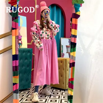 

RUGOD Japanese flower print velvet dress women fashion drawstring lace-up tunic dress winter spring thick long sleeve maxi dress