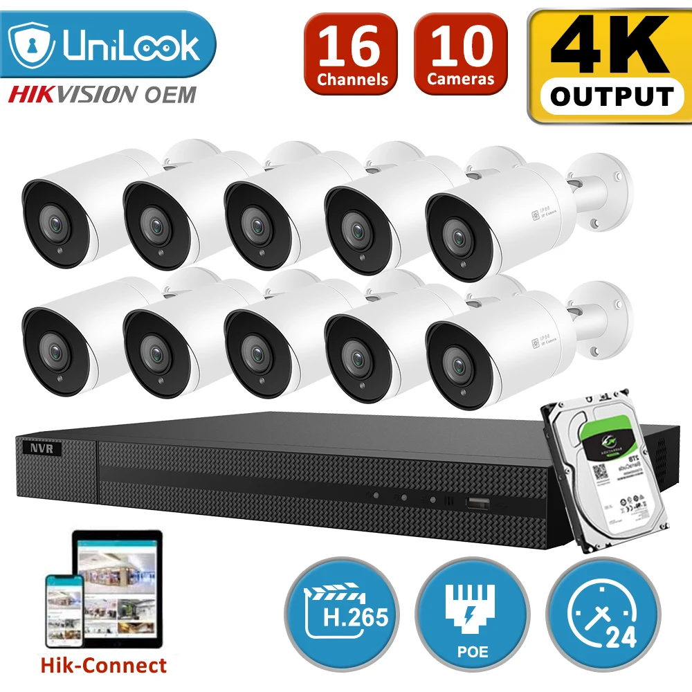 UniLook 16CH NVR 10 шт. 4K 8MP Bullet POE IP камера комплект безопасности система наружного IP66 Onvif IR