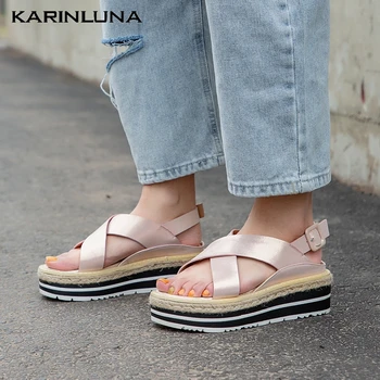 

KarinLuna 2020 New Fashion Sweet Genuine Leather Women Sandals Wedges Peep Toe Med Platform Pumps Summer Casual Women Shoes