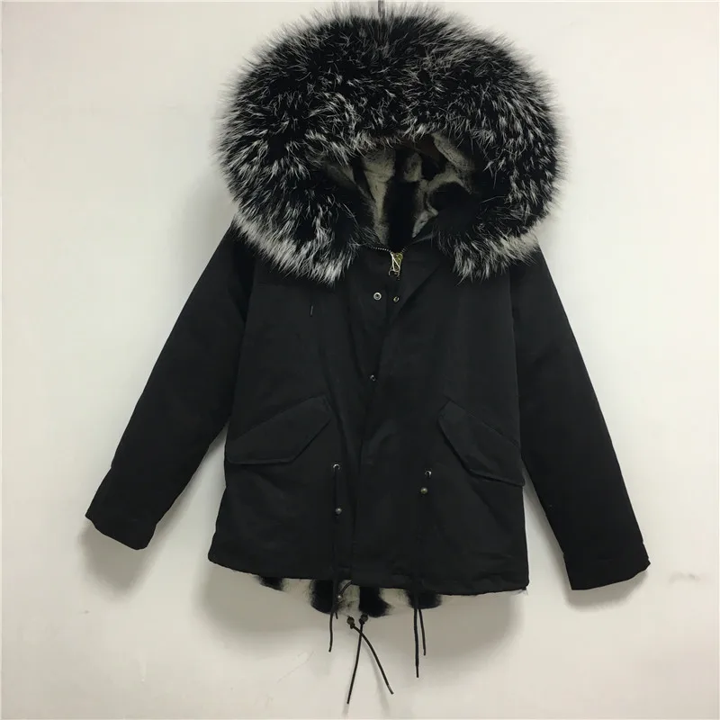 down coats & jackets 2019 New Black And White Fur Collar Short Parka Winter Beautiful Real Rex Rabbit Fur Lining Casual Genuine Leather Coat long down puffer coat