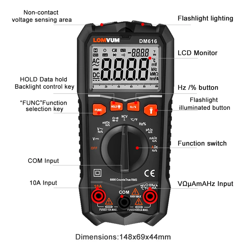 LOMVUM Multimeter DM616 NCV Digital Multimeter 6000 counts Auto Ranging AC/DC voltage Meter Flash light Back Large Screen Tester