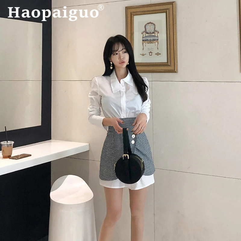 

Korean Style Autumn Two Piece Set for Women White Long Sleeve Shirt and Print Plaid Bodycon Wrap Mini Skirt Women Winter 2 Piece