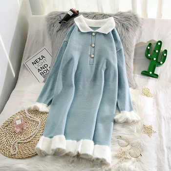 

turn-down collar knitted women dresses v-neck ruffles solid loose lady elegant knee-length lady dresses top quality