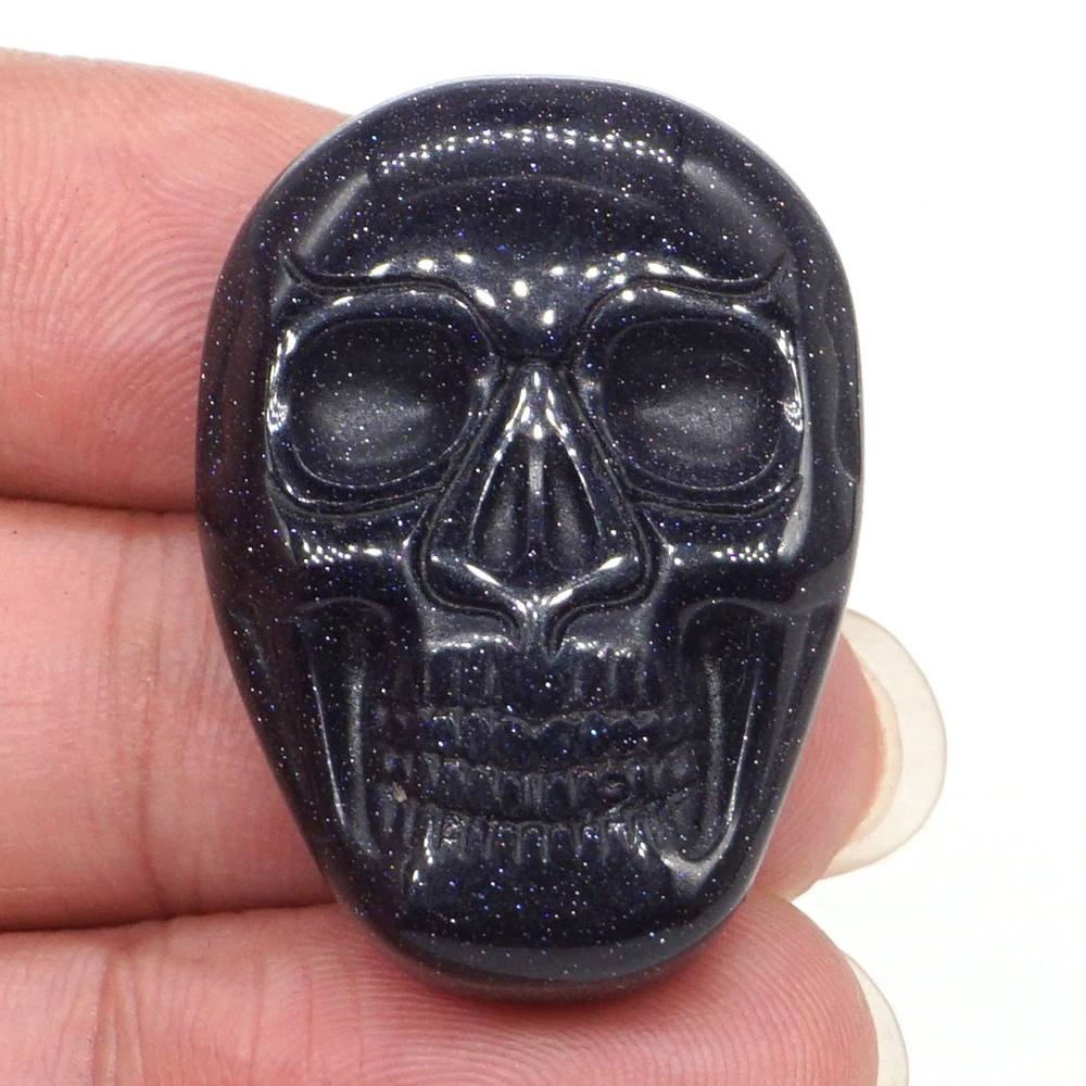 

1.37" Skull Statue Blue Goldstone Sand Crystal Carved Reiki Healing Stone Flat Cab Cabochon Figurine For Pendant Making Gift