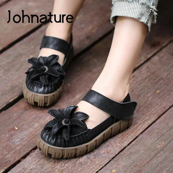 

Johnature Pumps Women Shoes Genuine Leather Hook & Loop 2020 New Spring Retro Casual Round Toe Flower Handmade Ladies Shoes