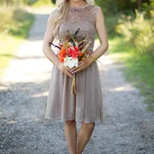 Коричневое шифоновое короткое платье подружки невесты в крестьянском стиле, прозрачный кружевной топ трапециевидной формы, короткие свадебные праздничные платья для гостей