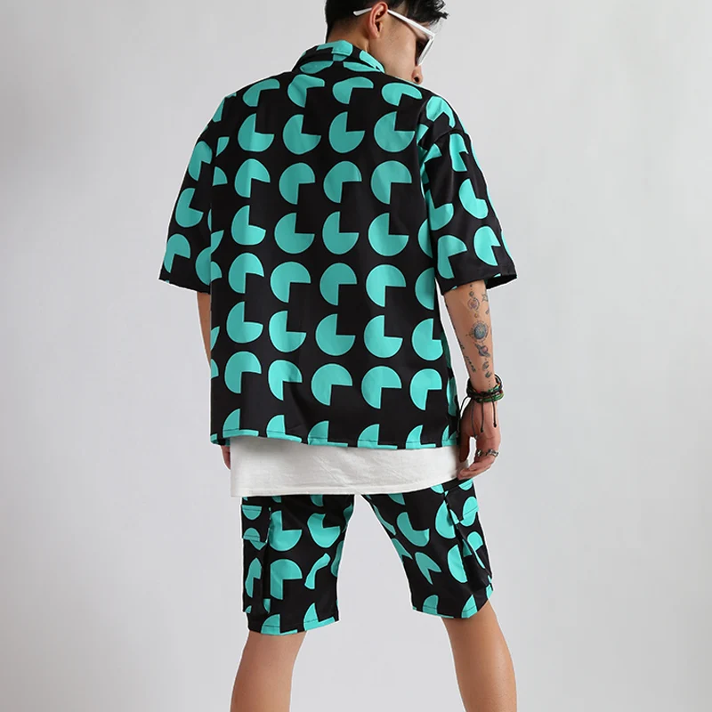 Geometry Pattern Loose Shirts Short Sleeve Summer Men' Set Singer Dancer Hip Hop Stage 2 Pieces Set(Shirt+Shorts) Casual Outfit