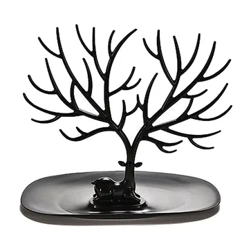 

Decorative Deer Antler Tree Design Bracelet Necklace Holder / Black Jewelry Organizer Stand w/ Ring Tray (Black)
