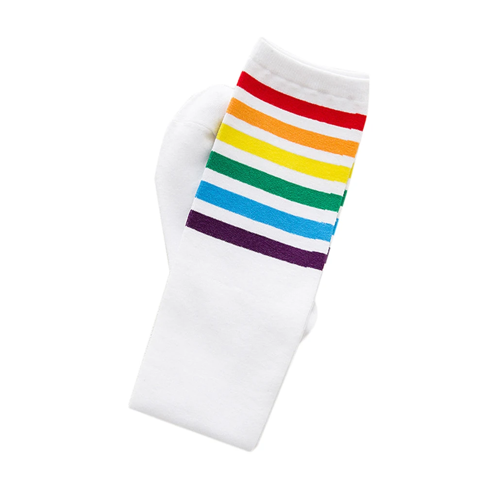 Белый New 1 Pair Women Black White Leg Sock Autumn Winter Thigh High Socks Rainbow Stripe Wind Sport Socks Hosiery - Цвет: Белый