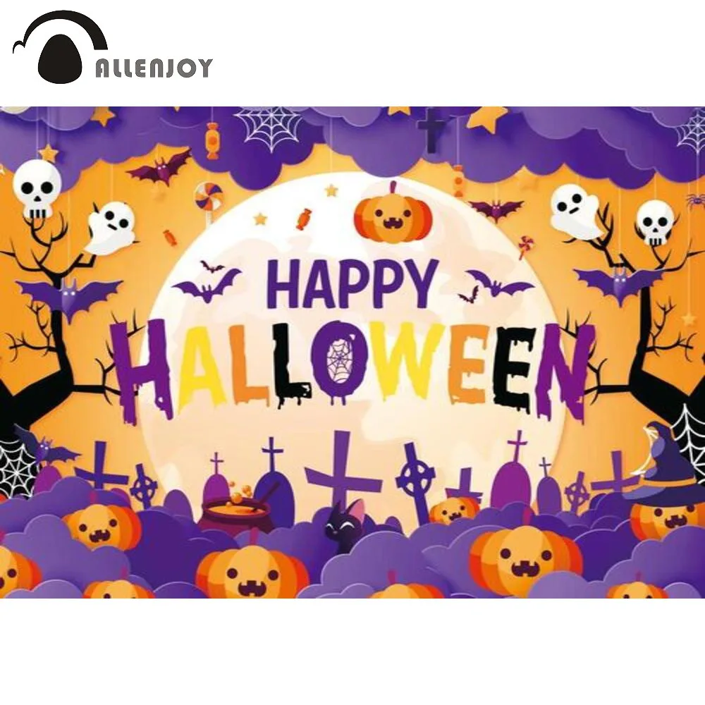 

Allenjoy Party Backdrop Happy Halloween Cartoon Pumpkin Lantern Ghost Terrible Background Photography Photozone Photocall Props