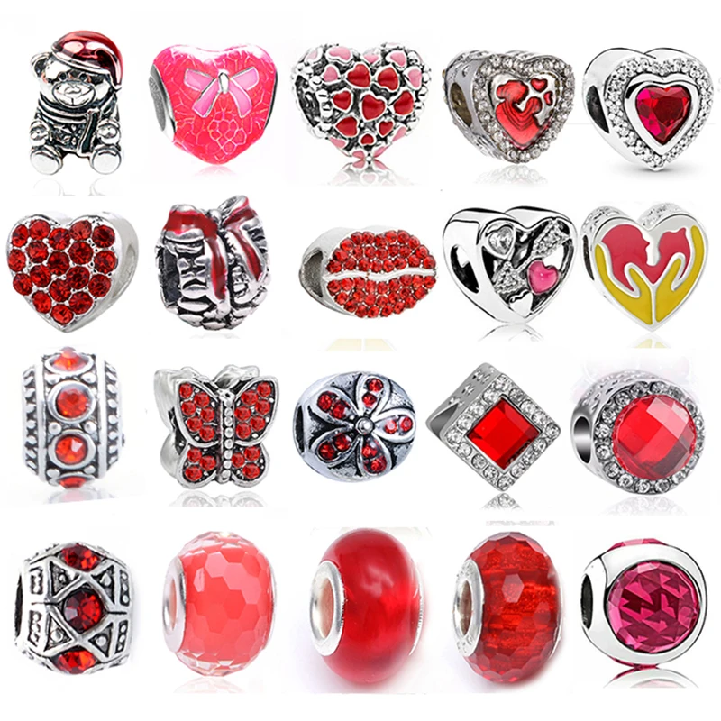

2Pcs/Lot Hot Red Heart Charm Bead Pendant,Men Women Bracelets Accessories beads, For Brand Charm Bracelet DIY Jewelry Gift