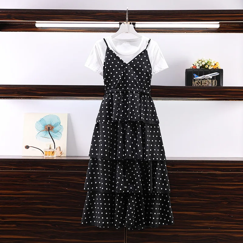 

Large Size Dress 2019 Summer Wear New Style Loose-Fit Slimming Short Sleeve T-shirt And Polka Dot Strapped Dress Fashion Two-Pie