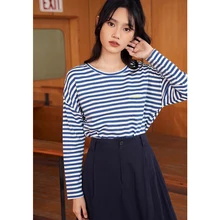 Toyouth Women T-shirts 2021 Autumn Long Sleeve Round Neck Tees Stitching Stripes Letters Fish Print Mock Two Piece Chic Tops