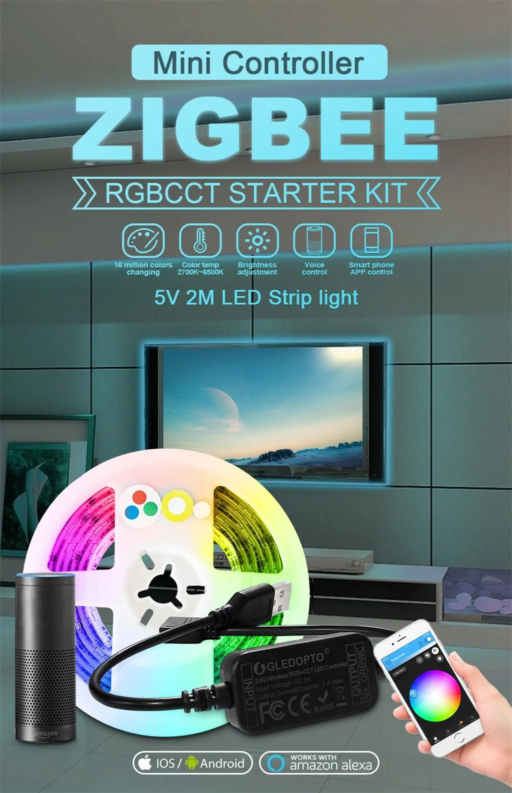 2 м Интеллектуальный светодиодный 5V ZigBee мини RGBCCT светодиодные осветительные полосы контроллер Набор