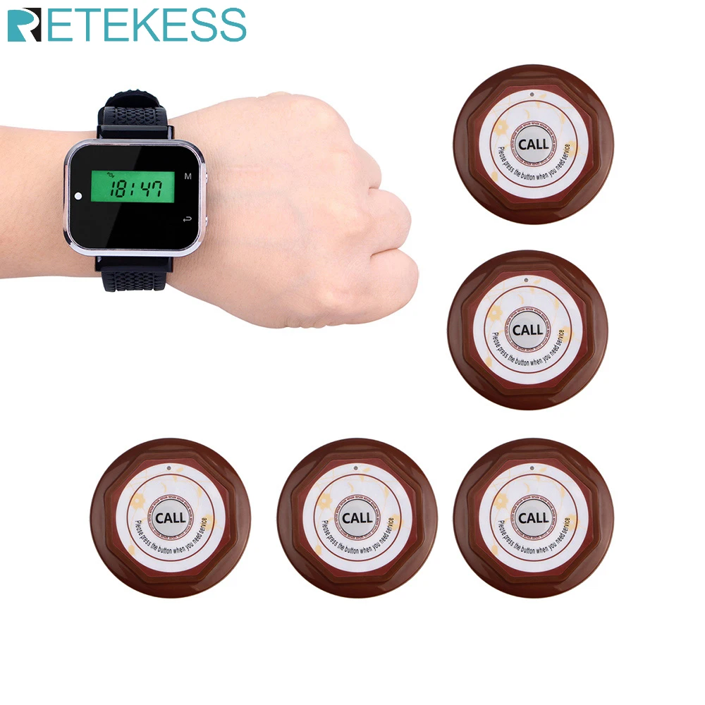 

Waiter Calling System Table Call Bell Pager Restaurant Cafe Ordering System 1 Watch Receiver+ 5 Call Button Customer Service