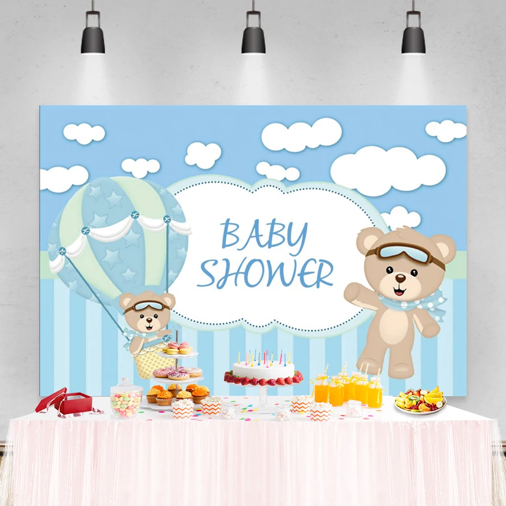 

Laeacco Baby Shower Backdrops Blue Sky White Clouds Bear Hot Air Balloon Stripes Customized Photography Backgrounds Photo Studio