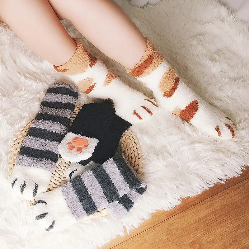 Осенне-зимние носки с когтями кошки коралловые бархатные толстые теплые носки домашние женские носки для сна