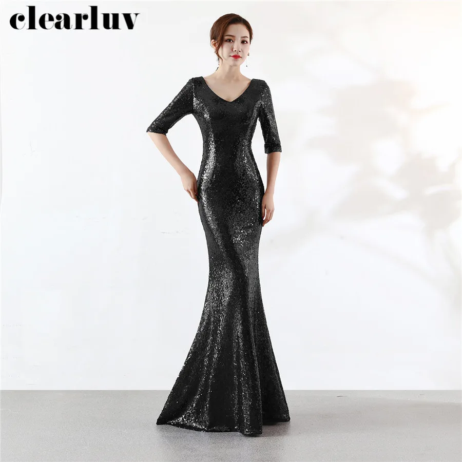 

Sequins Evening Dresses Elegant Half Sleeve Party Dresses for Women DX289-1 Plus Size Robe De Soiree 2020 Sexy V-Neck Prom Gowns