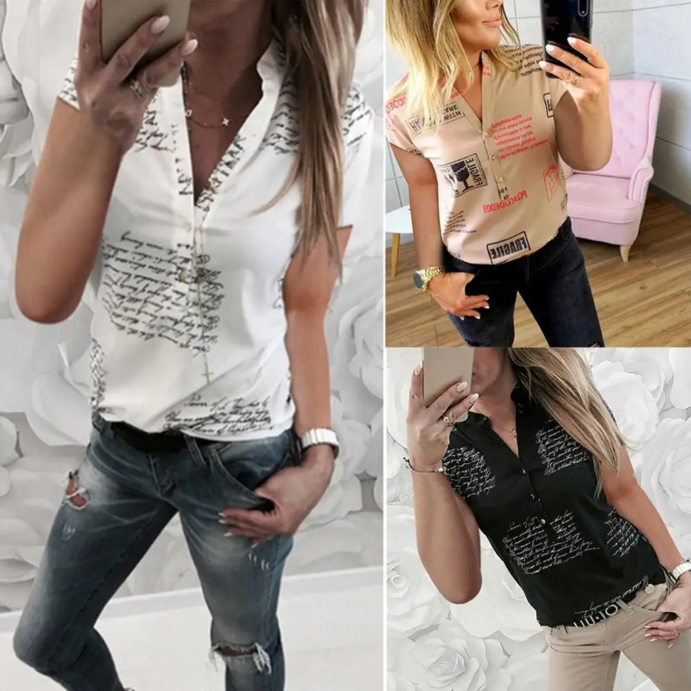 

2019 Fashion Women's Letters Printing Ladies Chic V Neck Button Short Sleeves Shirt Causal Tops blusas mujer de#D