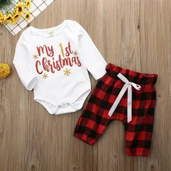 

Newborn Baby Boy Girl First Christmas Romper Plaid Pants Xmas Outfit Clothes