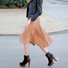 JuneLove Женская Осенняя юбка миди с эластичной талией винтажные свободные женские шифоновые плиссированные юбки Повседневная Уличная одежда женская юбка низ