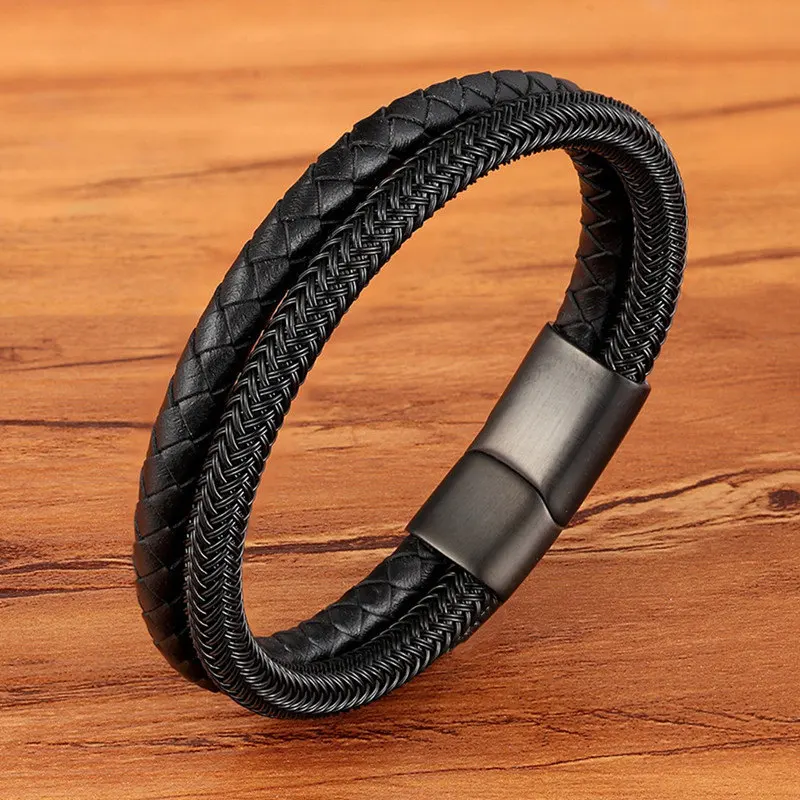 Fashion Stainless Steel Charm Magnetic Black Men Bracelet Leather Genuine Braided Punk Rock Bangles Jewelry Accessories Friend - Окраска металла: BXXG1321Black