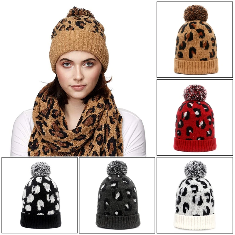 

Leopard Eye Protection Cap Men Women 2020 Autumn Winter New Elastic Warm Handmade Knitted Plush Ball Decoration Jacquard Cap