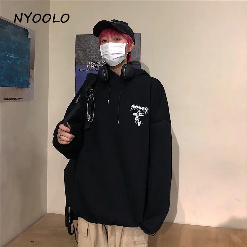 NYOOLO Harajuku street cross letters print thick warm hoodies Autumn winter long sleeve hooded pullovers Sweatshirt women men