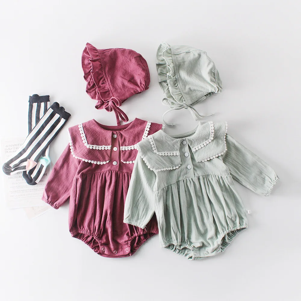 

ins Hot Infant Baby Solid Color Rompers with Hat Sweet Girls Spring Autumn Red Green Color Fashion Toddler Kids Clothing