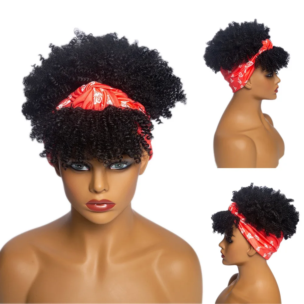 

GAKA Synthetic Curly Wigs for Women Afro Kinky Hair Wig with Wrap Black Brown Turbon Drawstring Puff Short Hair Extensions