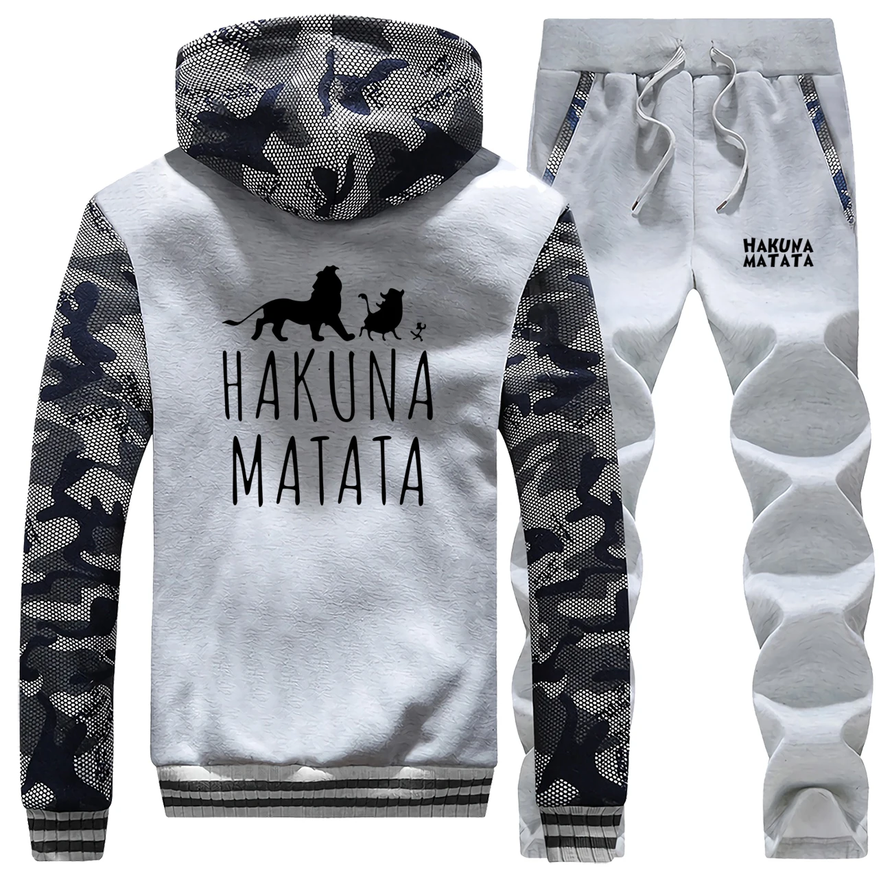 50% OFF HAKUNA MATATA Winter Jacket+Pants 2 Piece Sets Letter Print Thick Fleece Sweatshirt Men's Cartoon Lion King Men Trousers Hoodies